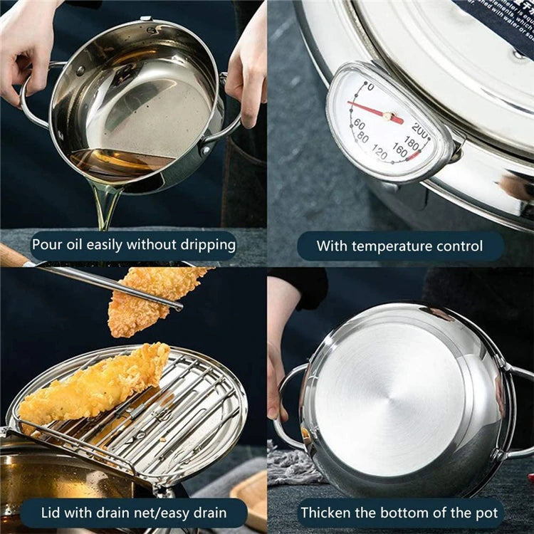 Yam Planet™ Japanese Deep Frying Pot with Thermometer & Lid – 304 Stainless Steel Tempura Fryer