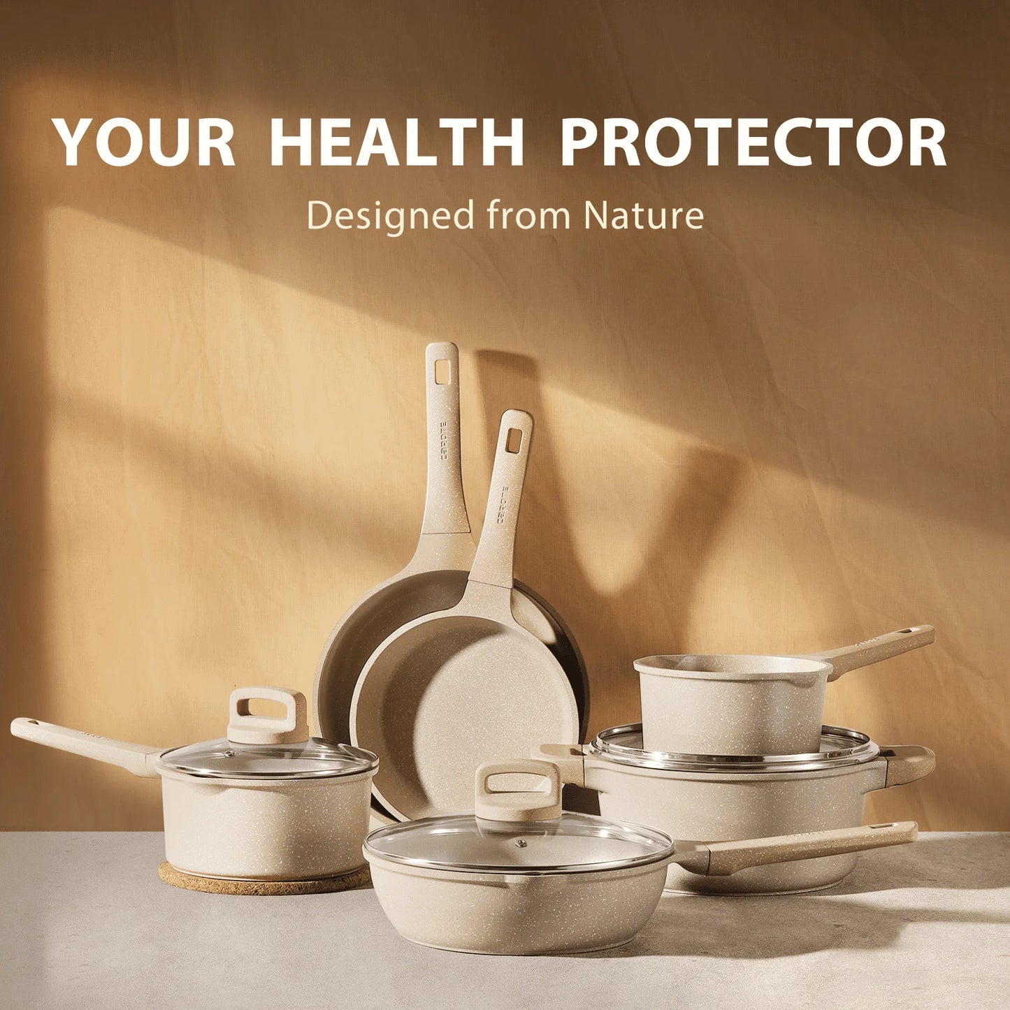 Yam Planet™ 7-Piece Nonstick Cookware Set – Pots and Pans with Lids, Induction Compatible, Easy-Clean Granite Coating, Taupe