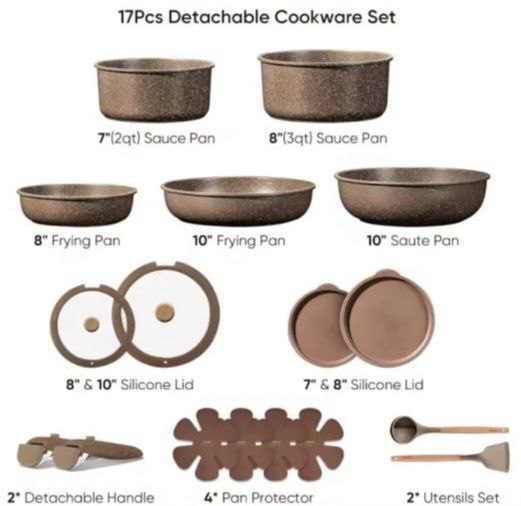 Yam Planet™ 17-Piece Nonstick Cookware Set with Detachable Handles – Pots and Pans for All Stovetops, Oven & Dishwasher Safe