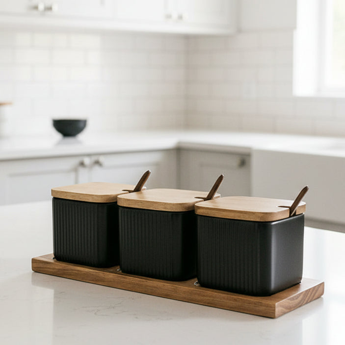 Yam Planet™ Minimal Matte Ceramic Seasoning Jar Set with Wooden Lid