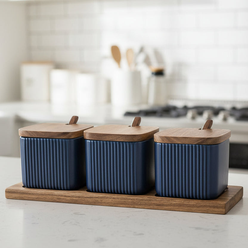 Yam Planet™ Minimal Matte Ceramic Seasoning Jar Set with Wooden Lid