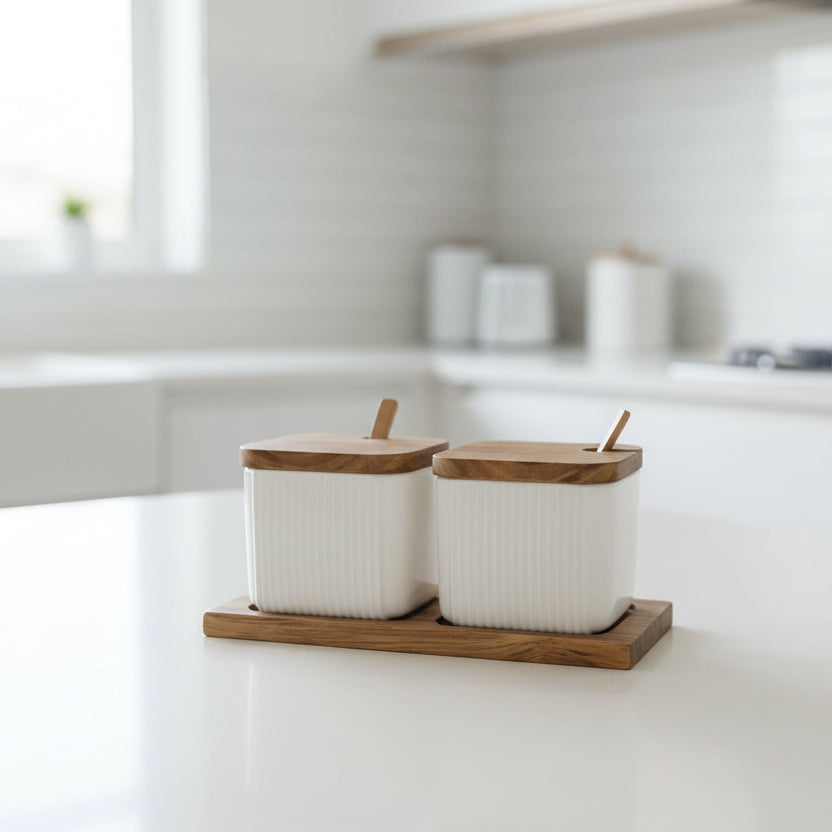 Yam Planet™ Minimal Matte Ceramic Seasoning Jar Set with Wooden Lid