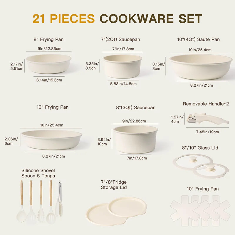 Yam Planet™ 21-Piece Ceramic Cookware Set – Nonstick Pots and Pans with Smart Sensor Handles, Milky White Finish