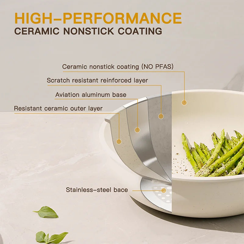 Yam Planet™ 21-Piece Ceramic Cookware Set – Nonstick Pots and Pans with Smart Sensor Handles, Milky White Finish