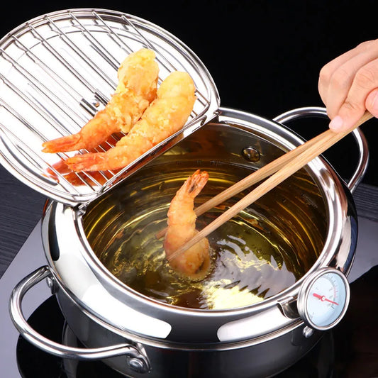 Yam Planet™ Japanese Deep Frying Pot with Thermometer & Lid – 304 Stainless Steel Tempura Fryer