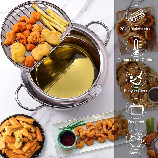 Yam Planet™ Japanese Deep Frying Pot with Thermometer & Lid – 304 Stainless Steel Tempura Fryer