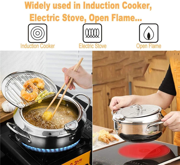 Yam Planet™ Japanese Deep Frying Pot with Thermometer & Lid – 304 Stainless Steel Tempura Fryer