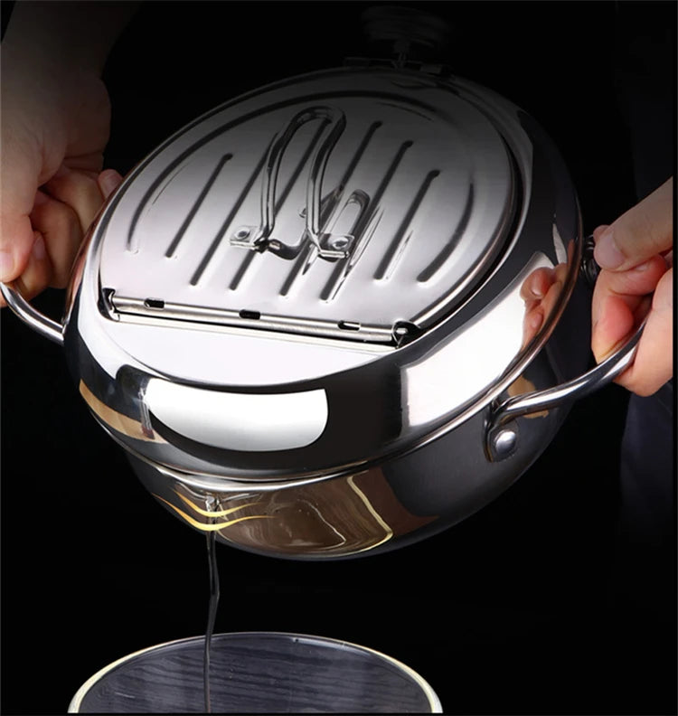 Yam Planet™ Japanese Deep Frying Pot with Thermometer & Lid – 304 Stainless Steel Tempura Fryer