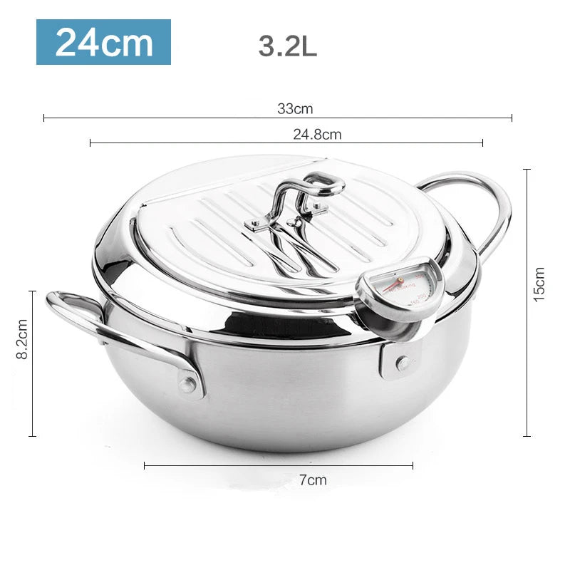 Yam Planet™ Japanese Deep Frying Pot with Thermometer & Lid – 304 Stainless Steel Tempura Fryer