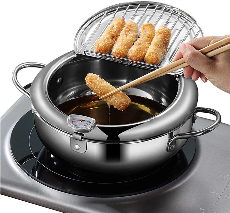 Yam Planet™ Japanese Deep Frying Pot with Thermometer & Lid – 304 Stainless Steel Tempura Fryer