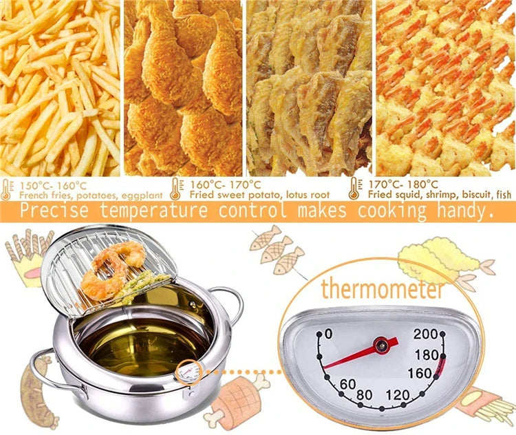 Yam Planet™ Japanese Deep Frying Pot with Thermometer & Lid – 304 Stainless Steel Tempura Fryer