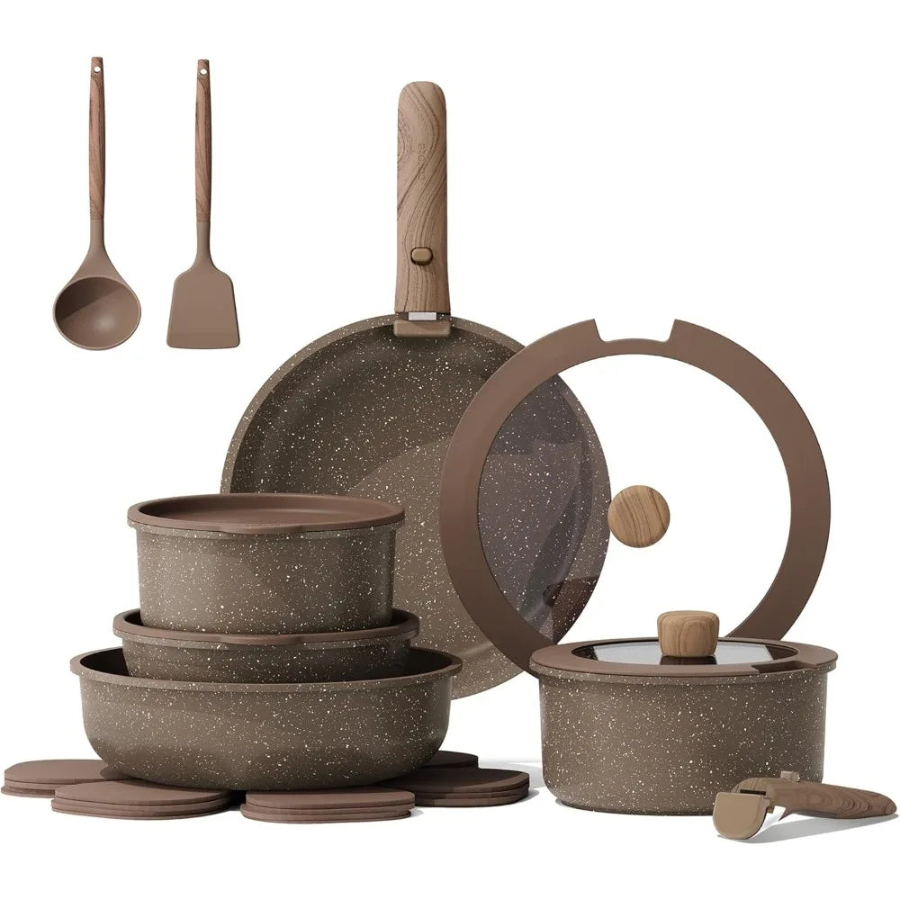 Yam Planet™ 17-Piece Nonstick Cookware Set with Detachable Handles – Pots and Pans for All Stovetops, Oven & Dishwasher Safe
