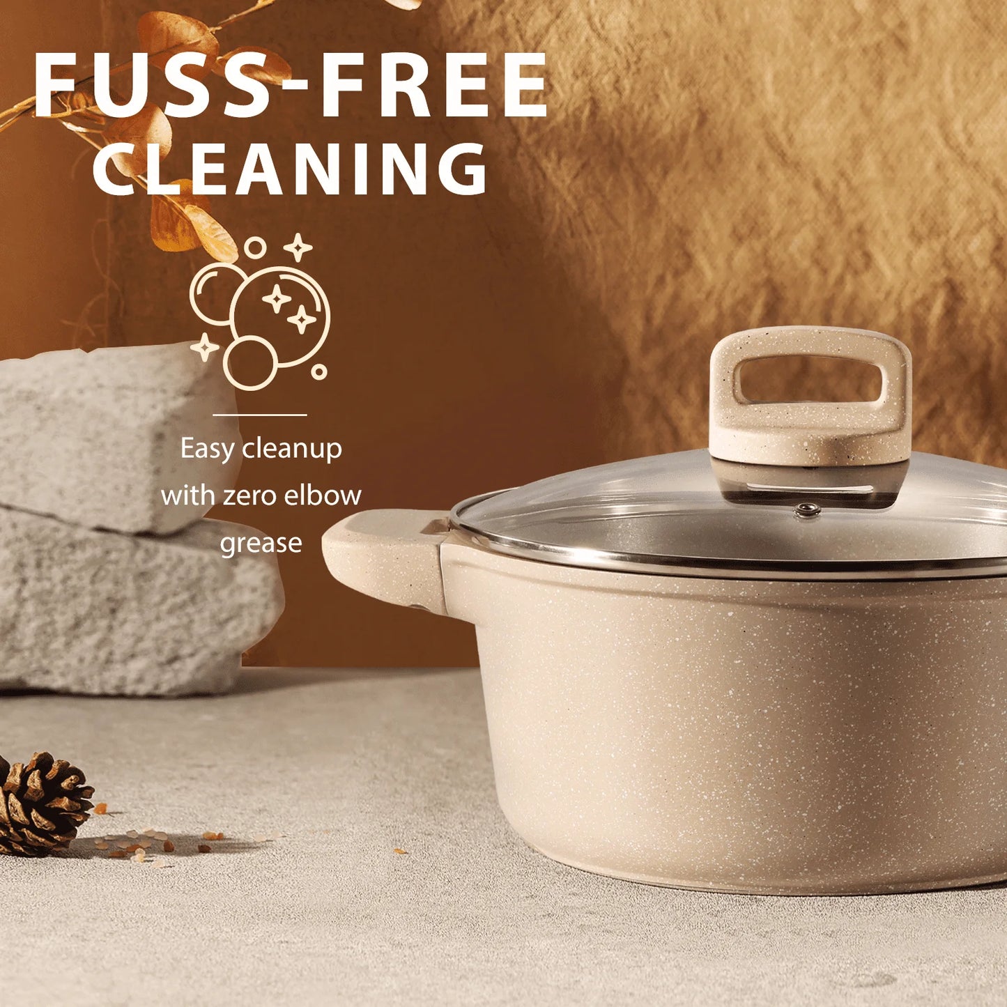 Yam Planet™ 7-Piece Nonstick Cookware Set – Pots and Pans with Lids, Induction Compatible, Easy-Clean Granite Coating, Taupe