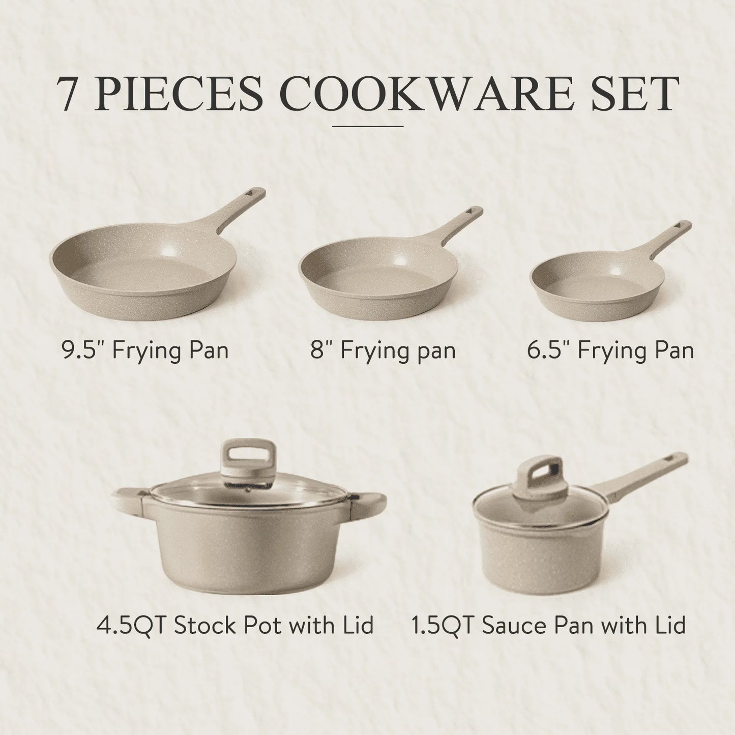 Yam Planet™ 7-Piece Nonstick Cookware Set – Pots and Pans with Lids, Induction Compatible, Easy-Clean Granite Coating, Taupe