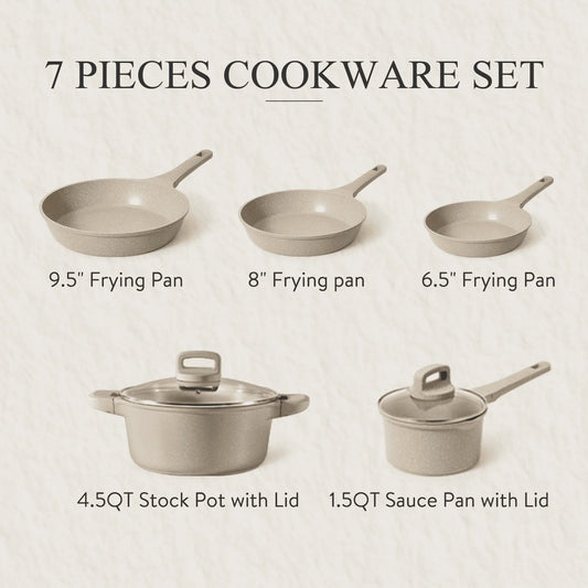 Yam Planet™ 7-Piece Nonstick Cookware Set – Pots and Pans with Lids, Induction Compatible, Easy-Clean Granite Coating, Taupe