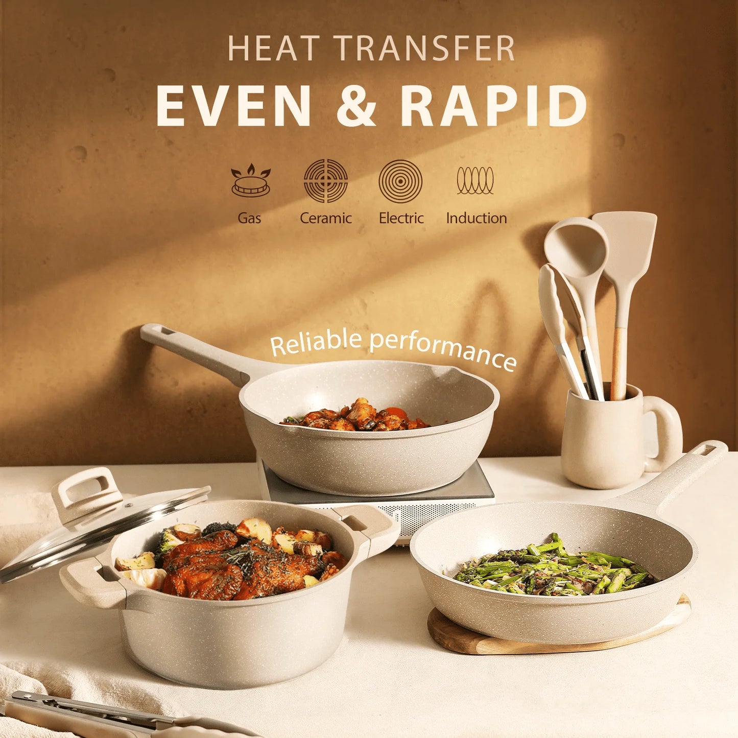 Yam Planet™ 7-Piece Nonstick Cookware Set – Pots and Pans with Lids, Induction Compatible, Easy-Clean Granite Coating, Taupe