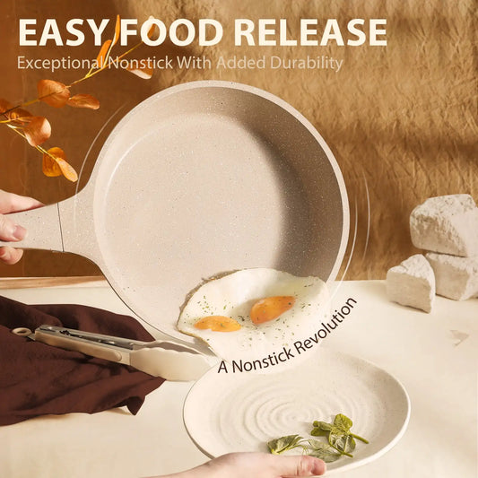 Yam Planet™ 7-Piece Nonstick Cookware Set – Pots and Pans with Lids, Induction Compatible, Easy-Clean Granite Coating, Taupe