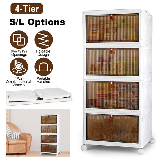 4-Piece Foldable Storage Bin Set with Magnetic Front Door & Lid — Stackable Closet Containers with 360° Rotating Wheels