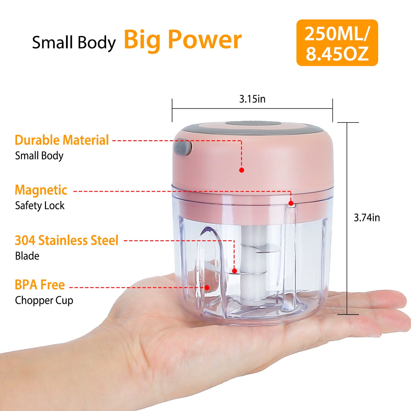 Mini Electric Garlic Chopper 8.45OZ Cordless Garlic Mincer Food Chopper Rechargeable Food Blender Chili Nut Onion Pepper Meat Ginger Food