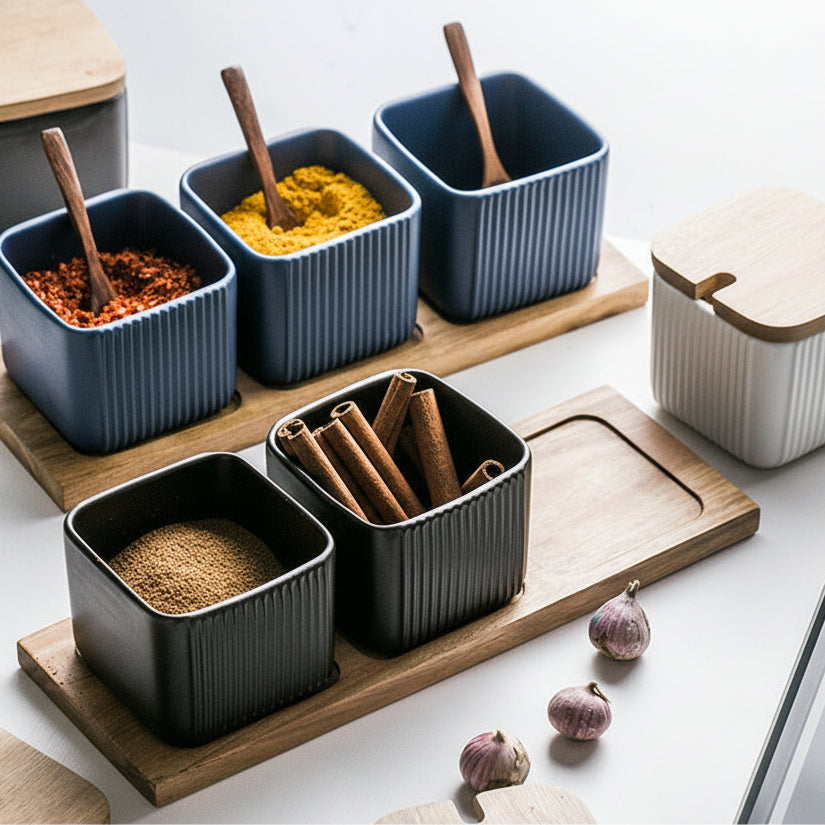 Yam Planet™ Minimal Matte Ceramic Seasoning Jar Set with Wooden Lid