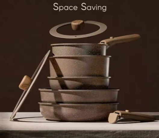 Yam Planet™ 17-Piece Nonstick Cookware Set with Detachable Handles – Pots and Pans for All Stovetops, Oven & Dishwasher Safe