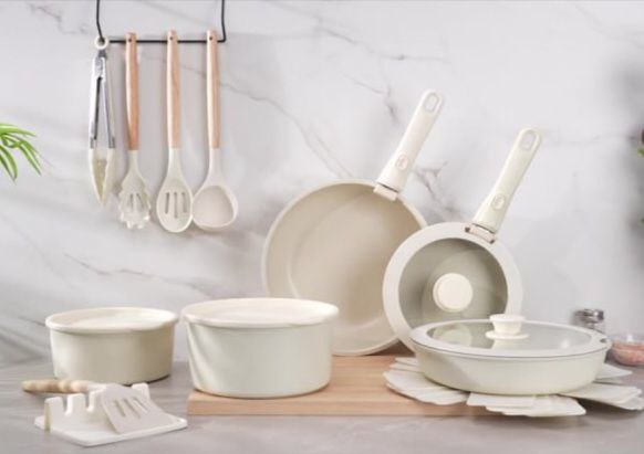 Yam Planet™ 21-Piece Ceramic Cookware Set – Nonstick Pots and Pans with Smart Sensor Handles, Milky White Finish